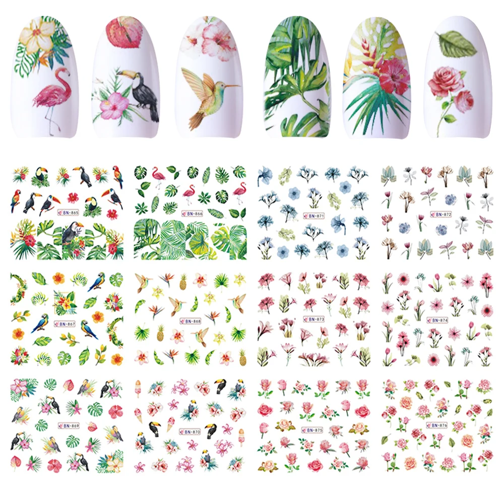 12 дизайн водяные знаки Дизайн ногтей украшения воды Наклейка цветок Фламинго Птица Роза стикеры Маникюр слайдеры клей кончик JIBN865-876