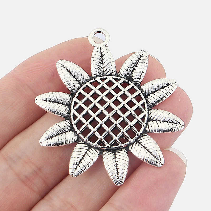 

4PCS Antique Silver Large Hollow Sun Flowers Charms Pendants for Necklace Making Jewelry Findings 44mm