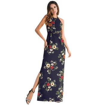 

2018 summer new design sense, personality hanging neck, high waist, big pendulum dress, printed split fork lady long dress