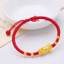 Новые настоящие 24 К желтого золота унисекс Luck Two Pixiu с Гладкие бусины плетеные браслеты