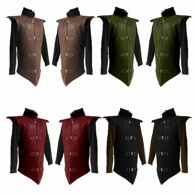 

Vintage Warrior Leather Knight Costume Men Medieval Armor Sleeveless Vest Top Stand Collar Leather Waistcoat Stage Costume