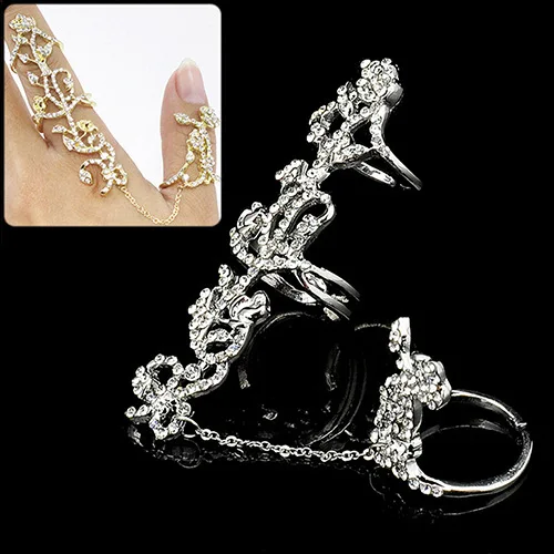 New Fashion Accessories Chain Link Full Rhinestone Vintage Flower Double Finger Ring For Women Girl Nice Gift Party Jewelry