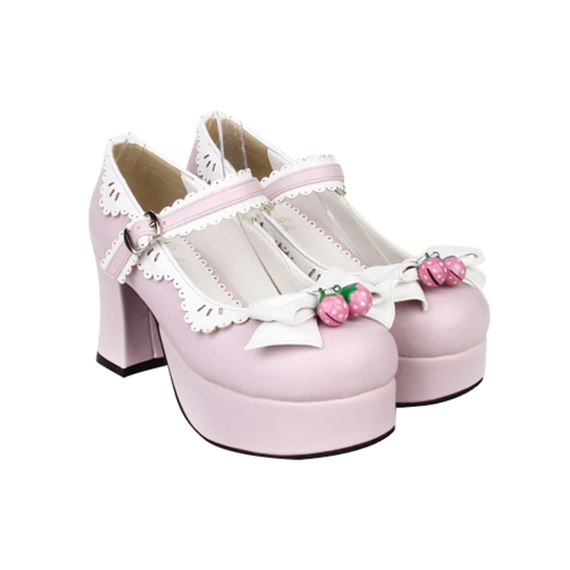 Туфли лодочки демисезонные на толстой платформе с клубничным бантом|mary jane pumps|mary