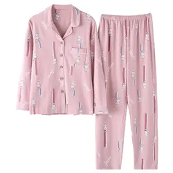 Плюс Размеры пижамные комплекты 100% Хлопок Домашняя одежда для Для женщин 2018 осень-зима с длинными рукавами с рисунком кота Пижама Loungewear
