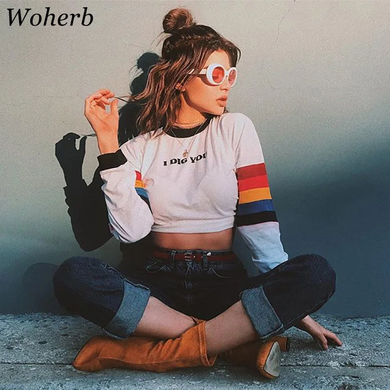 Woherb Harajuku футболка с длинным рукавом для женщин Tumblr укороченный топ Женская футболка с радугой уличная одежда Camiseta Feminina 20206