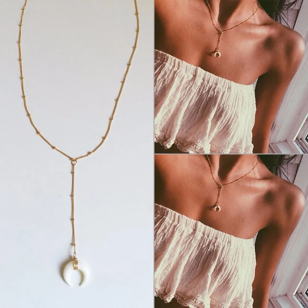

1 Piece Simple Chic White Horn Pendant Necklace Golden Chain Crescent Moon Choker Necklace For Women Jewelry Gift