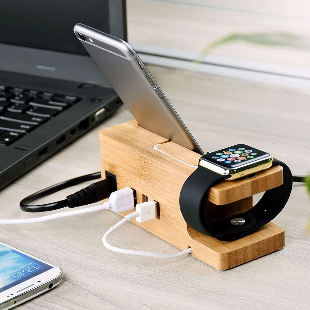 Бамбуковое зарядное устройство Подставка для часов для Apple watch 3 usb порта docktop chargeing станция 5V3A смартфон многофункциональное зарядное устройство