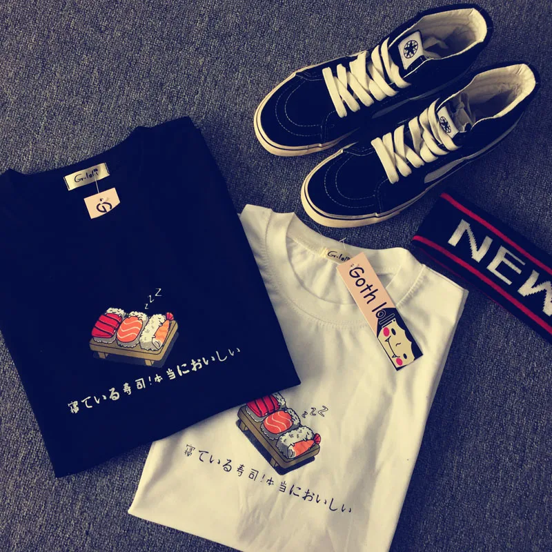 

2018 summer new fashion Japanese sushi cartoon cute printed o-neck short sleeve women t-shirt