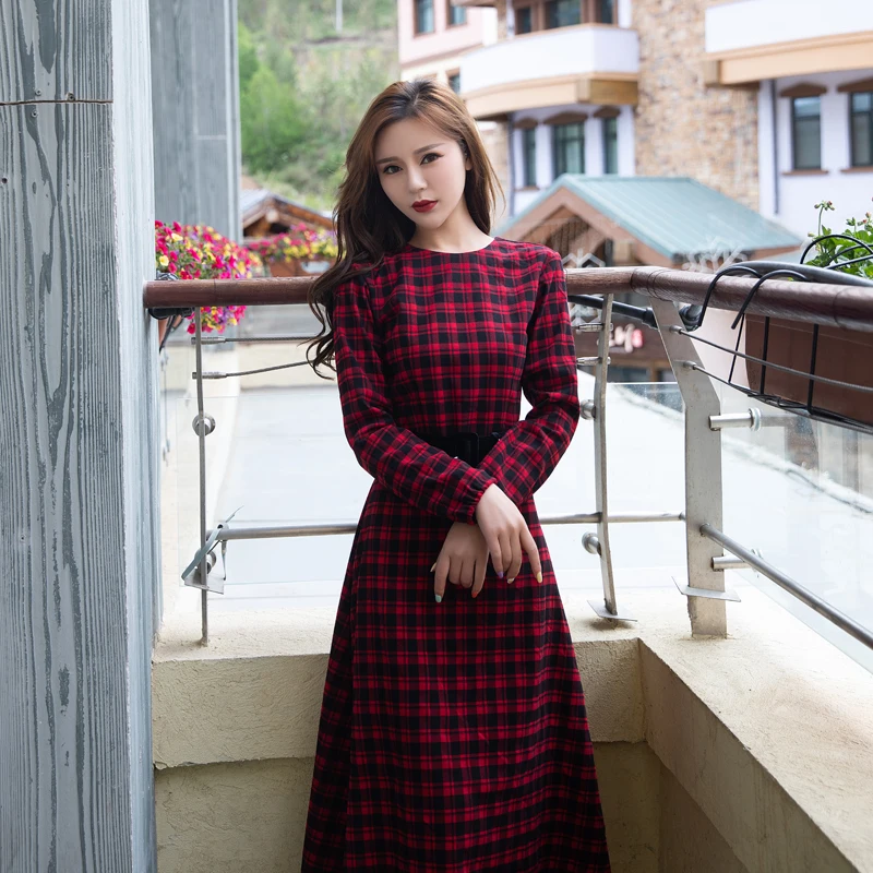 

Vintage Elegant Swing Dress Autumn Winter Sexy Backless Back Open Full Sleeve Plaid Dress Women Vestidos De Festa
