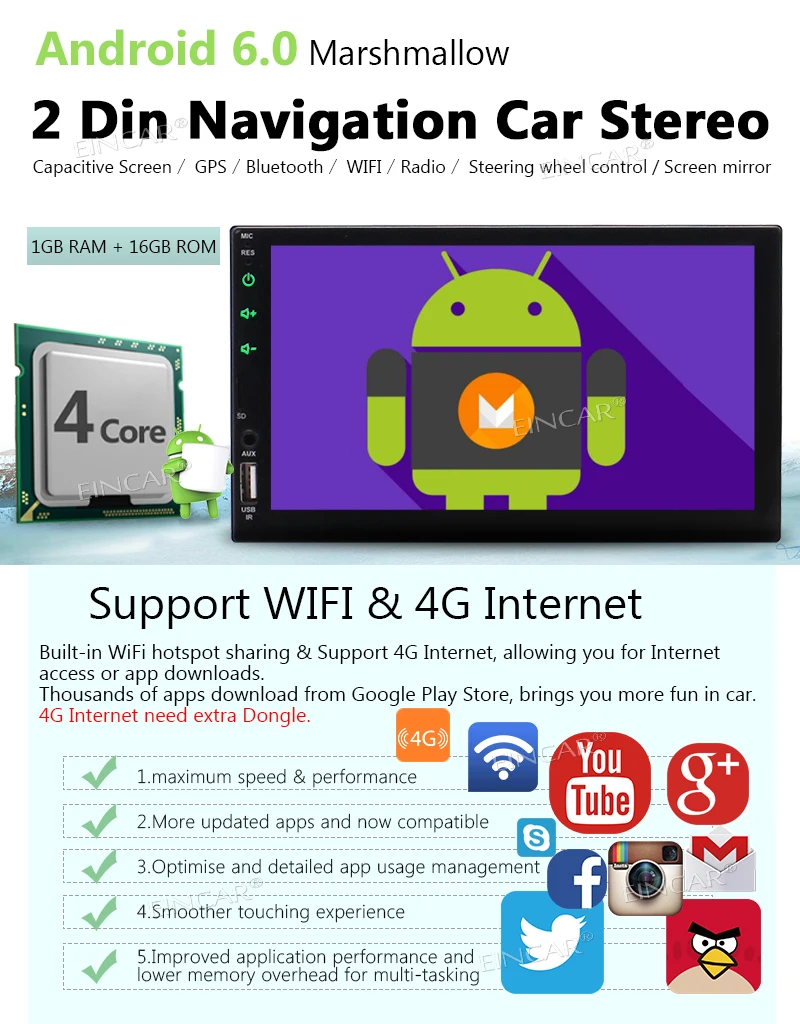 Top Android Car Stereo Multimedia Player with 7 Inch Touch Screen Bluetooth 4.0 GPS Navigation Support WiFi 3G 4G Mirror Link Radio 1