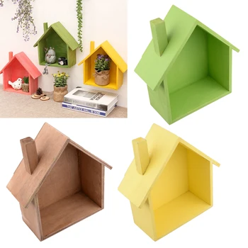 

Living Room Wooden House Shaped Shelving Display Unit Wall Hanging Box Storage Home Craft Decoration Yellow/Green/Coffee