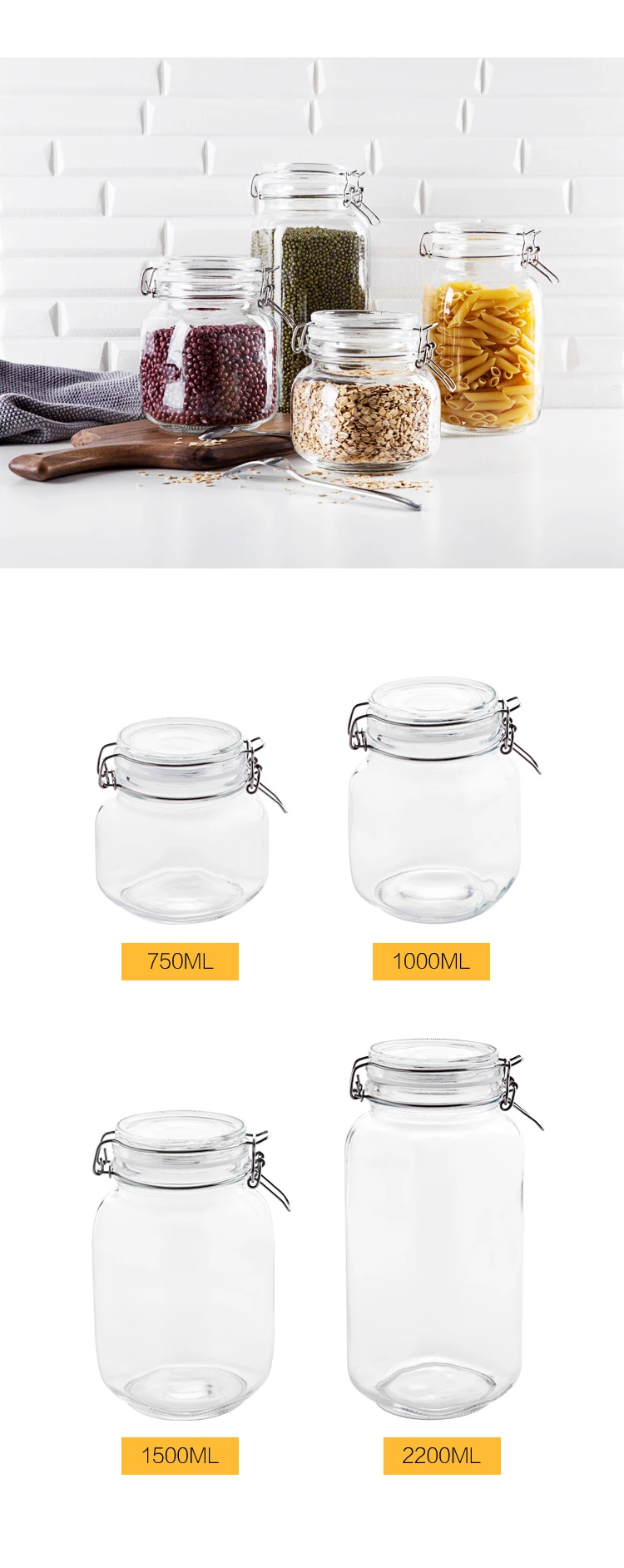Mason Jar Нержавеющая сталь Пряжка стеклянная бутылка для хранения пищи Кухонные контейнеры для хранения Прозрачная герметичная банка с крышкой
