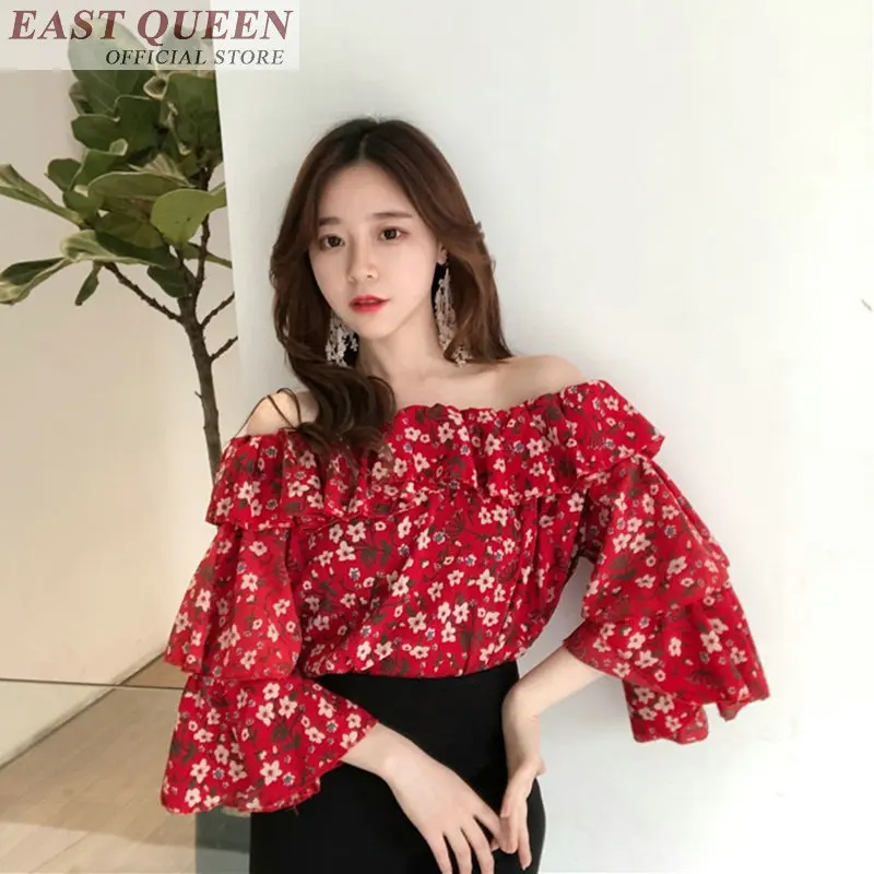 chiffon-floral-print-blouse-shirts-for-women-slash-neck-off-shoulder-three-quarter-flare-sleeve-ruffles-feminine-shirts-dd813-l