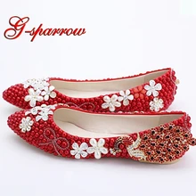 Классические женские свадебные туфли; туфли на плоской подошве с красным жемчугом; туфли подружки невесты со стразами; женские весенние туфли на плоской подошве; вечерние туфли; большие размеры