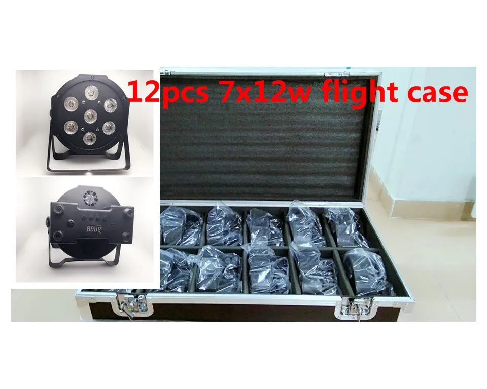 12 unids 7x12 W + flightcase 1 2 m Кабель Dmx LED Flat SlimPar Quad Luz 4 в светодиодный светильник dmx DJ luz |