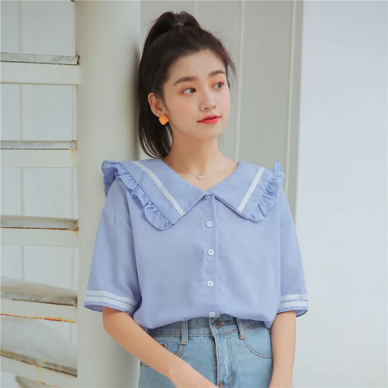 New Japan Style Ruffled Sailor Collar Short Sleeve Shirt Women Summer