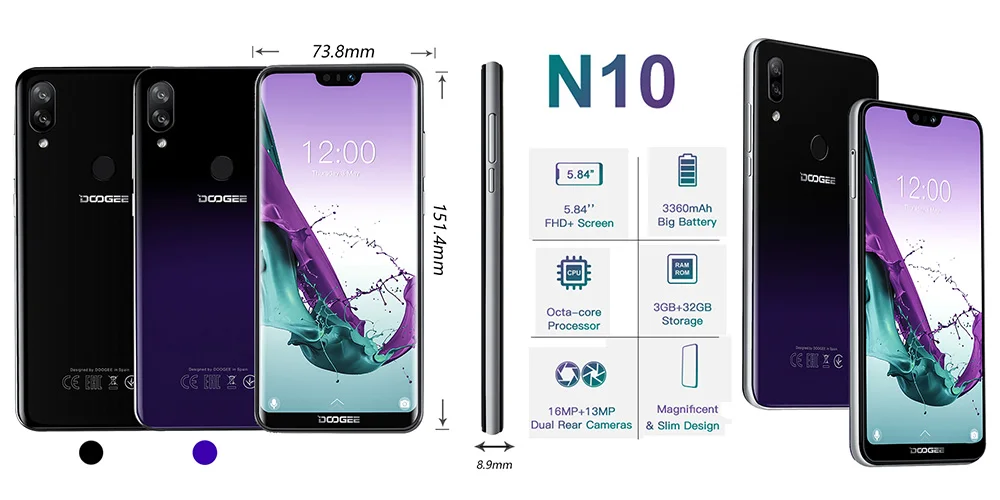 DOOGEE N10, Android 8,1, 4G мобильный телефон, 5,84 дюймов, FHD Смартфон, четыре ядра, 3 ГБ, 32 ГБ rom, 3360 мА/ч, отпечаток пальца, распознавание лица, мобильный телефон