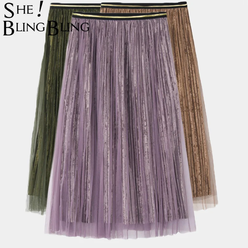 SheBlingBling, плиссированные юбки из тюля, эластичная подкладка, высокая талия, длинная юбка,, весна-лето, женские повседневные миди юбки