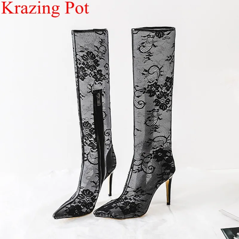 

2018 new arrival summer boots air mesh super high heels embroider women boots knee-high zipper pointed toe elegant shoes L8