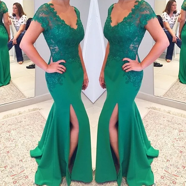 

Vestido Mae Da Noiva V-neckline Short Sleeves Side Slit Mermaid Lace Applique Green Evening Dress 2017