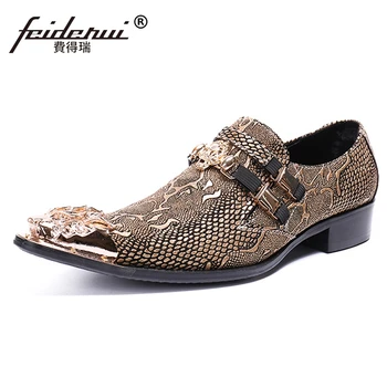 

Plus Size Luxury Pointed Toe Slip on Man Metal Tipped Party Loafers Genuine Leather Python Pattern Men's Casual Shoes SL418