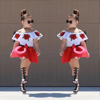 

Kids Baby Girl Off Shoulder Rose Blouse Top T-shirt Dress Skirt clothes set 2pcs toddler baby girl summer set