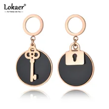 Lokaer серьги гвоздики ключ& замок розовое золото цвет нержавеющая сталь черный диск асимметричные серьги Bijoux E18450