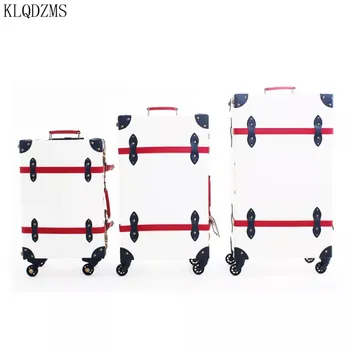 

KLQDZMS 20/24/28inch women retro fashion trolley luggage spinner travel suitcase PU leather rolling luggage on wheels