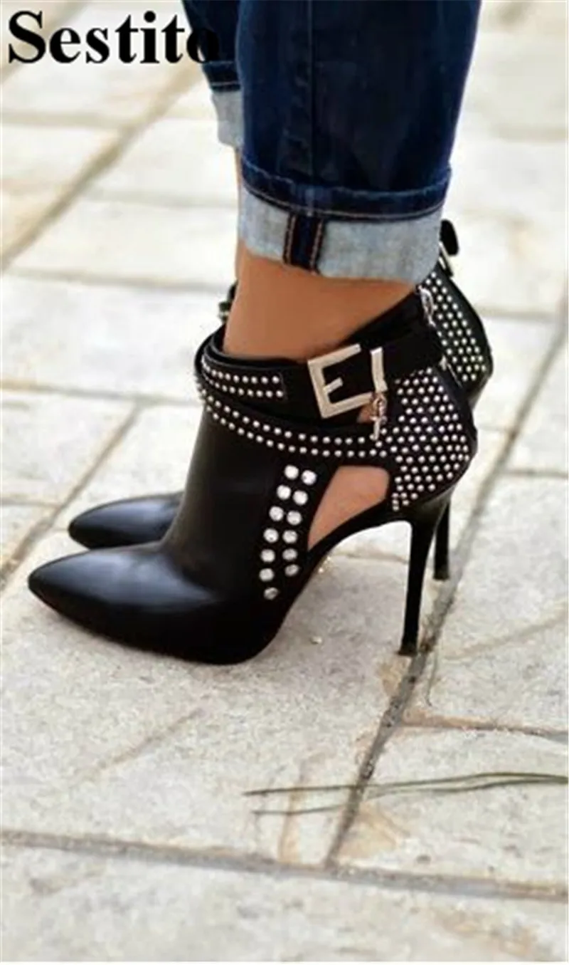 

New Sexy Black Rivet Buckle Hollow Woman Boots Pointed Toe Ankle Boots For Women Thin Heels Short Boots Zip Women Shoes Autumn