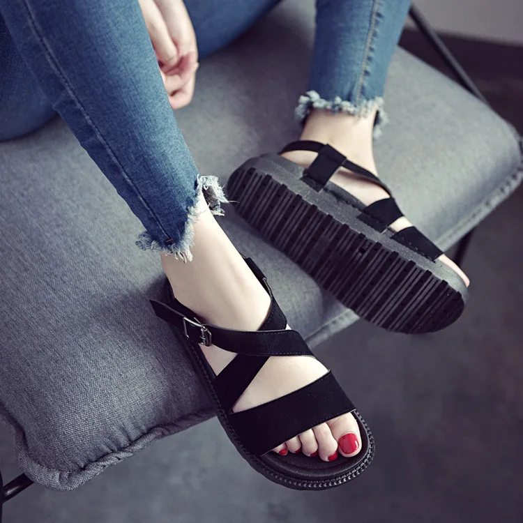 

Front Rear Strap Flat Peep Toe Flat with Platform Sandals Women Summer Solid Casual Ladies Shoes Buckle Basic Sandals