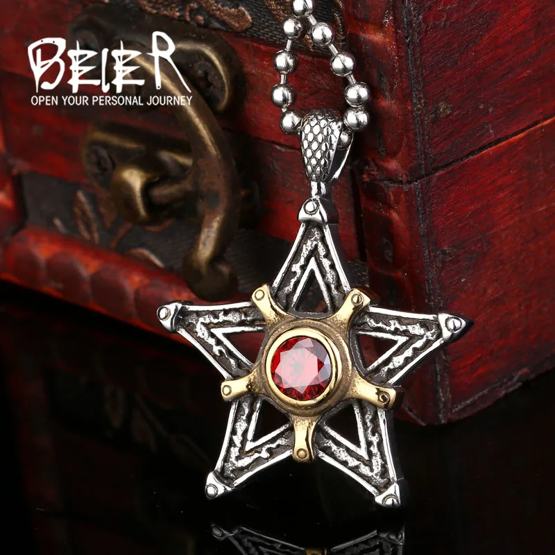 

BEIER Antique Pentacle 316L Stainless Steel Pendant Necklace Cool Man's Red Stone Fashion Northern Europe Viking Jewelry BP8-081