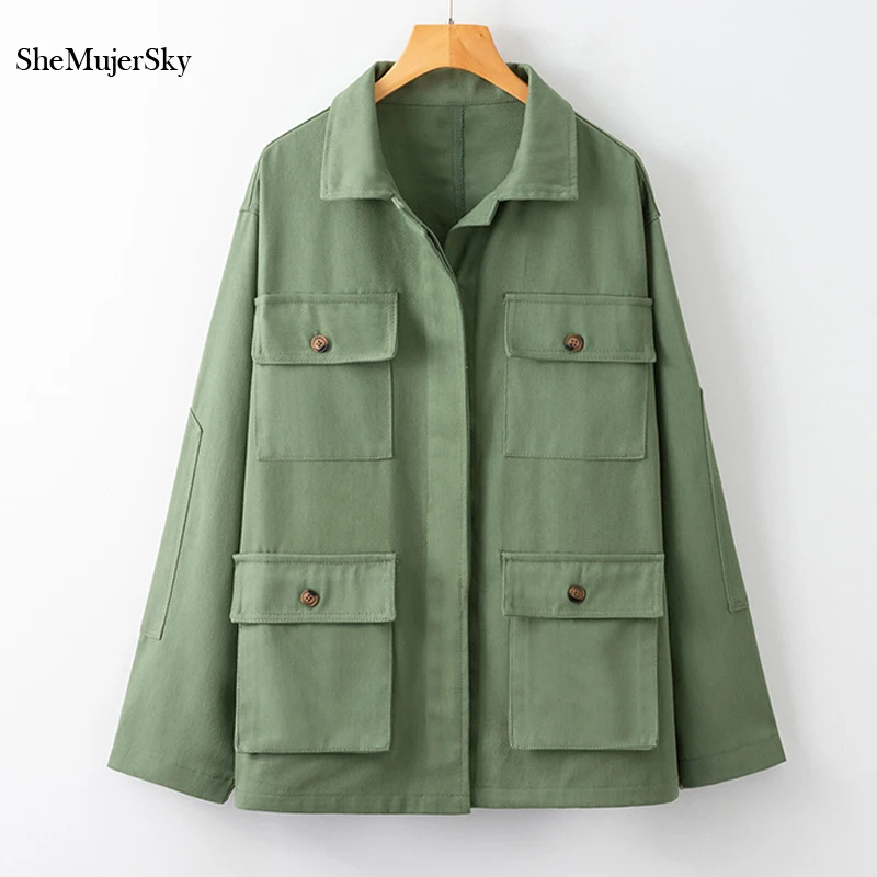 SheMujerSky Army Green Autumn Coat Women Loose Streetwear Jackets Denim