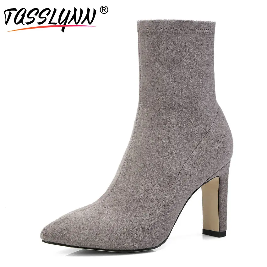 

TASSLYNN 2019 New Pointed Toe Women Boots Autumn Mid-calf Boots Women Shoes Thin High Heel Kid Suede Slip on Women Boots Size 39