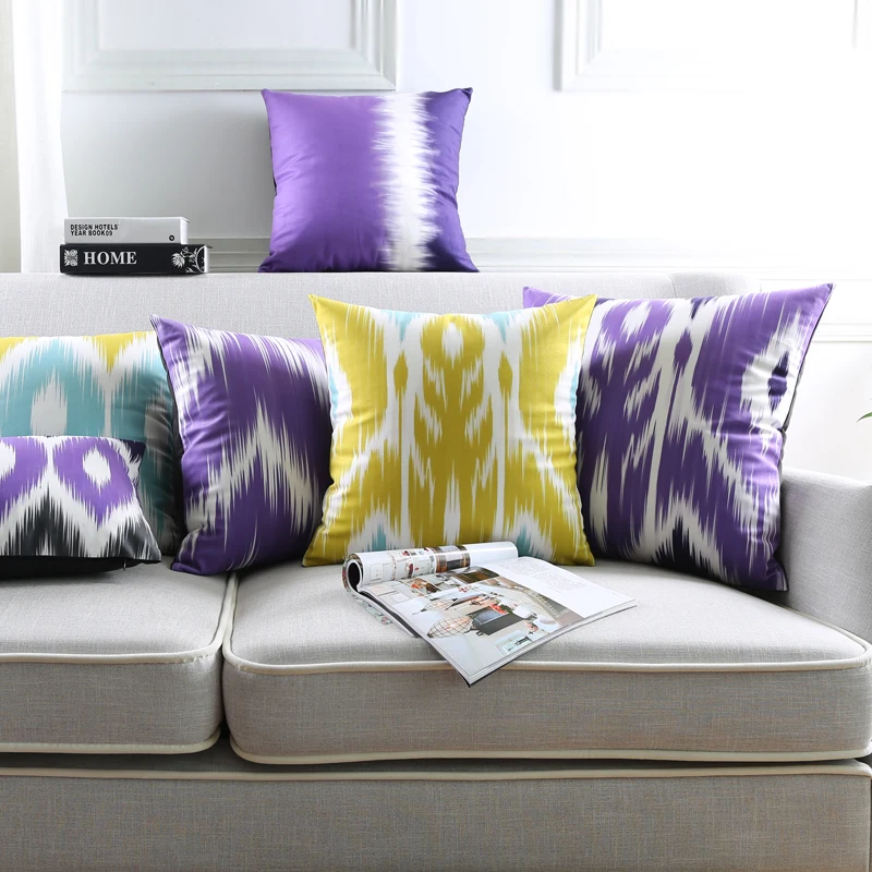

Wholesales Soft Velvet Cushion Cover Purple Yellow Geometric Ikat Abstract Home Decorative Pillow Case 45x45cm/30x50cm/60x60cm