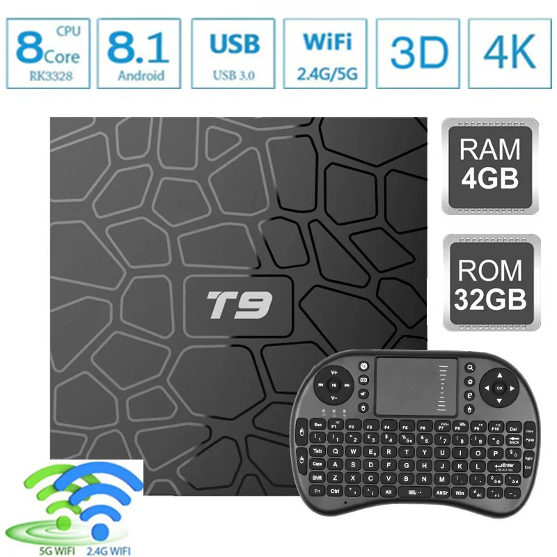 2019 T9 tv box android 8.1 WIFI 4GB 64GB TV Box Bluetooth 4.0 RK3328 Quad Core 4G 32G Smart tv box Set Top android 8.1 Box 5G