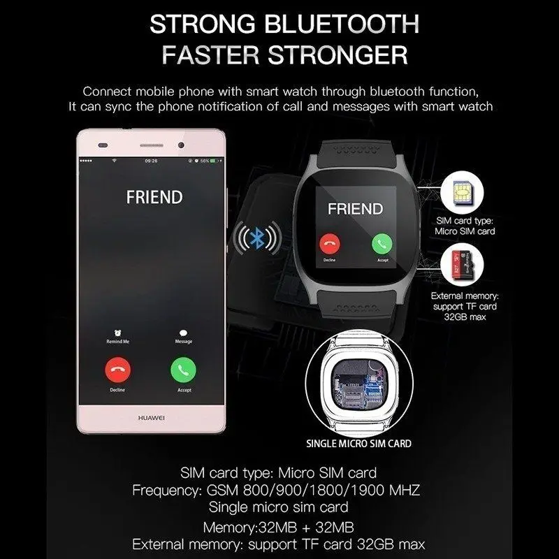 Bluetooth Смарт часы Smartwatch T8 Android телефонный звонок Relogio 2G GSM SIM TF карта камера для iPhone samsung HUAWEI PK DZ09