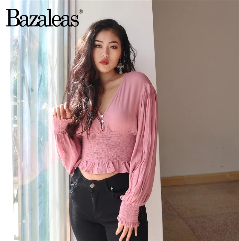 Повседневные женские топы и блузки на тонких пуговицах Blusa Feminina Pink Crop blusas mujer de moda