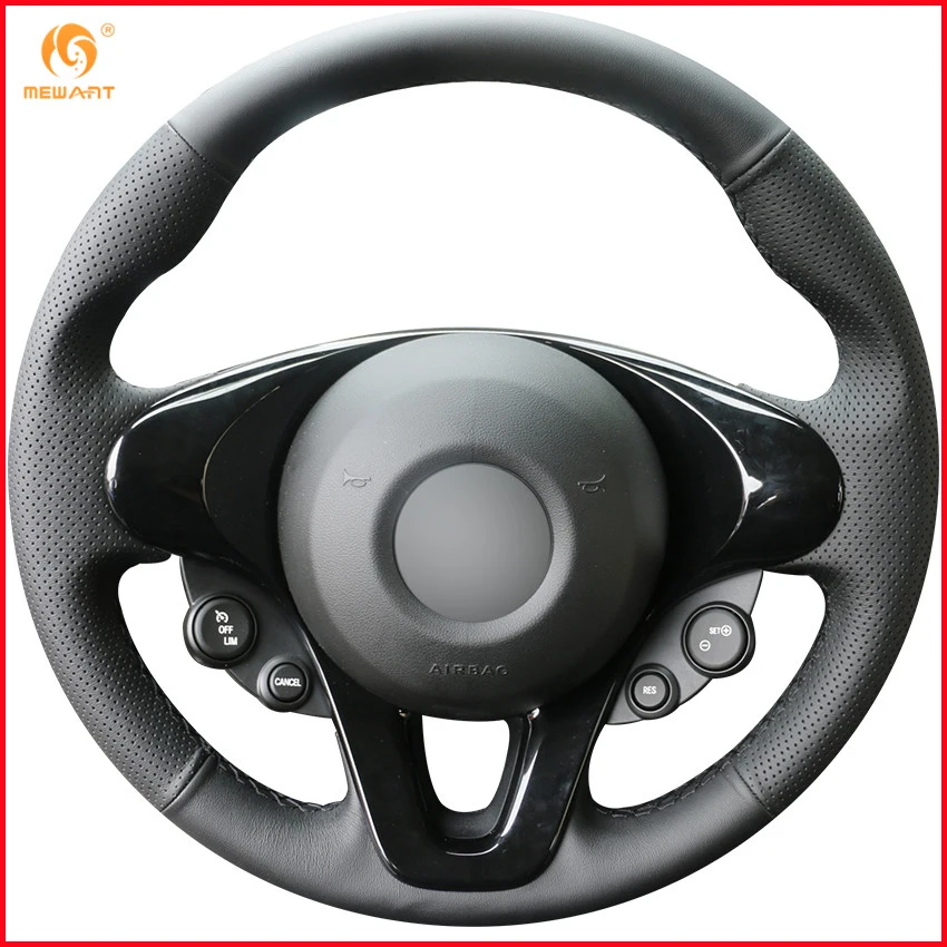 

MEWANT Black Genuine Leather Car Steering Wheel Cover for Smart New Fortwo Forfour 2015-2017 Interior Accessories Parts