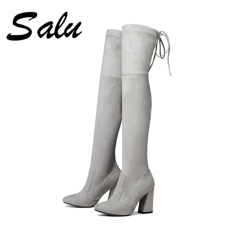 

Salu 2019 Women Over The Knee Boots Pointed Toe Zipper Square High Heel Black Elegant Women Motorcycle Boots Size 33-43