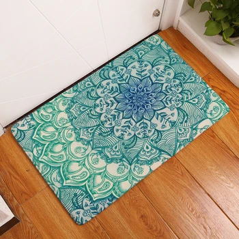 

HomeMiYN Bath Mat Flannel Kitchen Pads Anti Slip Green Lotus Bathroom Painted Floral Modern Digital Foot Mats Rectangle