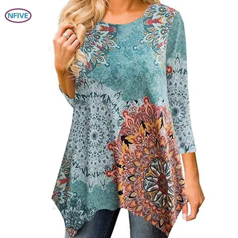 

NFIVE Brand 2018 Women Loose Short Dresses New Fashion Element Printing Vestidos Seven Points Sleeve Round Neck Irregular Dress
