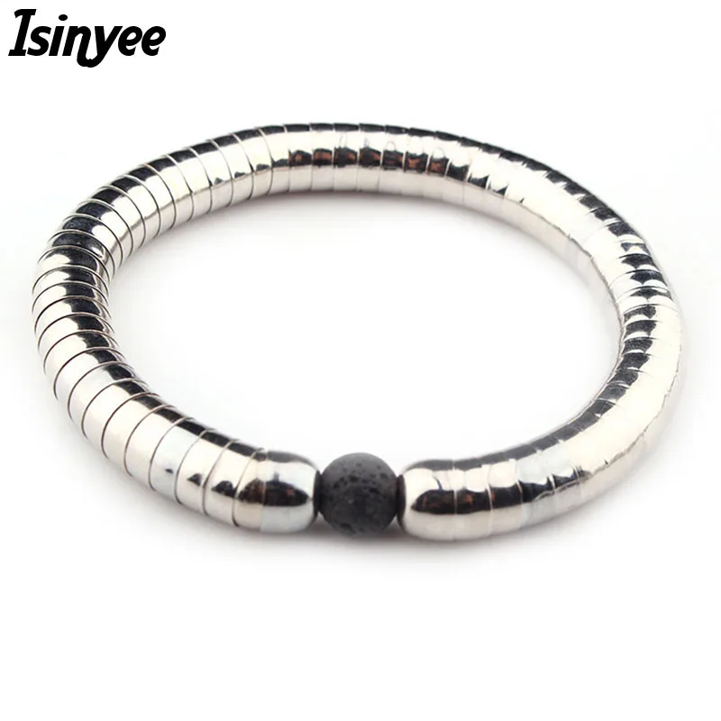ISINYEE Fashion Black Lava Stone Bracelet Femme For Women Stainless