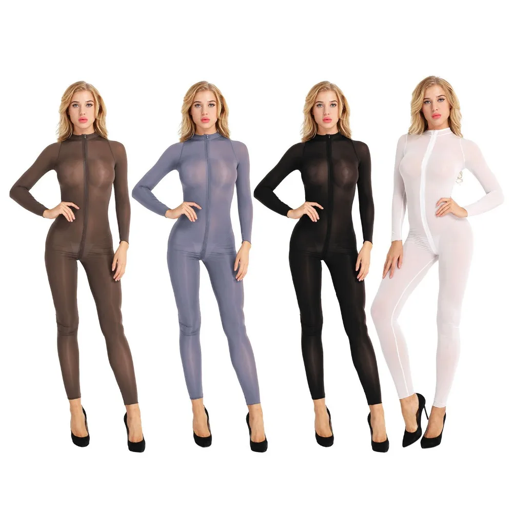 

Women Sheer Opaque Stretchy Long Sleeve Shiny Jumpsuit Dance Wear Double Crotch Zipper Leotard Bodysuit Sexy Catsuit Costume