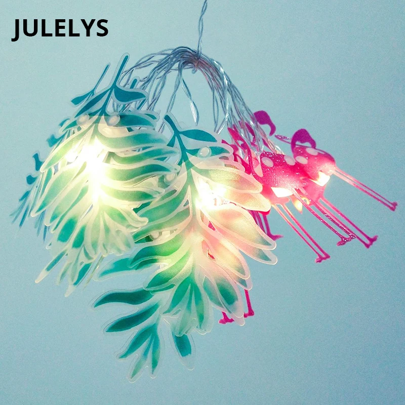 

JULELYS 10 Bulbs AA Battery Operated LED Garland Flamingos Olive String Lights Christmas Decorations For Holiday Party Room