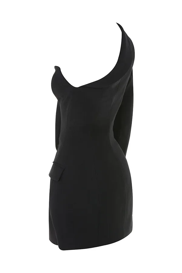 Winter Dress Women Fashion Sexy Black BCotton Dress One Single Long Sleeve Elegant Celebrity Mini Party Dress with Belt