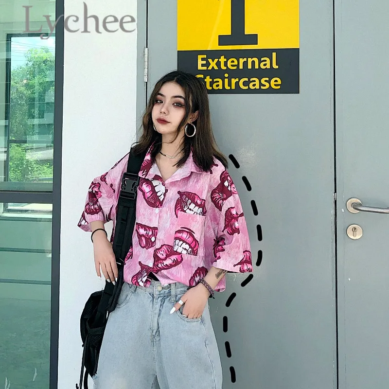 

Lychee Harajuku Lips Print Female Blouse Shirt Turn-down Collar Short Sleeve Summer Loose Hit Color Women Blouse Shirts