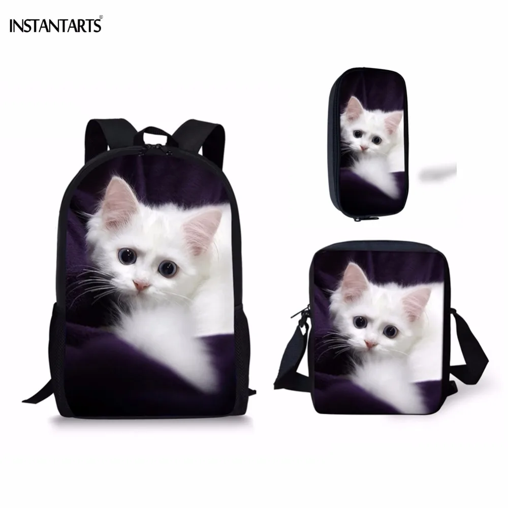 

INSTANTARTS Cute 3D White Cat/Kitten Print 3PCS Schoolbags for Primary Students Casual Boys Girls School Bags Children Backpacks