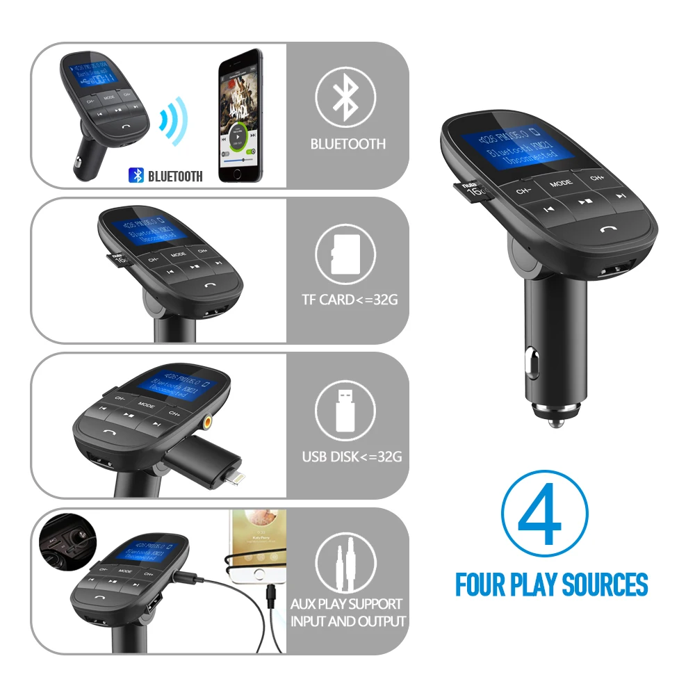 Nulaxy KM21 Car MP3 Player Support TF USB Disk Bluetooth Hands-free FM Modulator LCD Displayer Audio FM Transmitter Car Charger