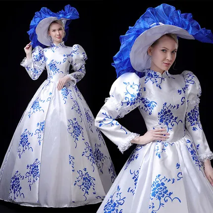 

100%real white with blue printing medieval dress with hat renaissance Gown queen Victoria/Marie/ Belle Ball/drama/ball gown