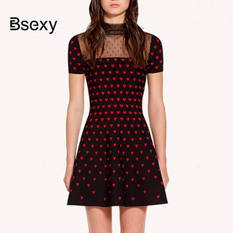 

Cute Mesh Patchwork Sweater Dress Summer Short sleeve Red Heart Printed A line Knit Dress 2019 Women Sheer Knee-length Dress
